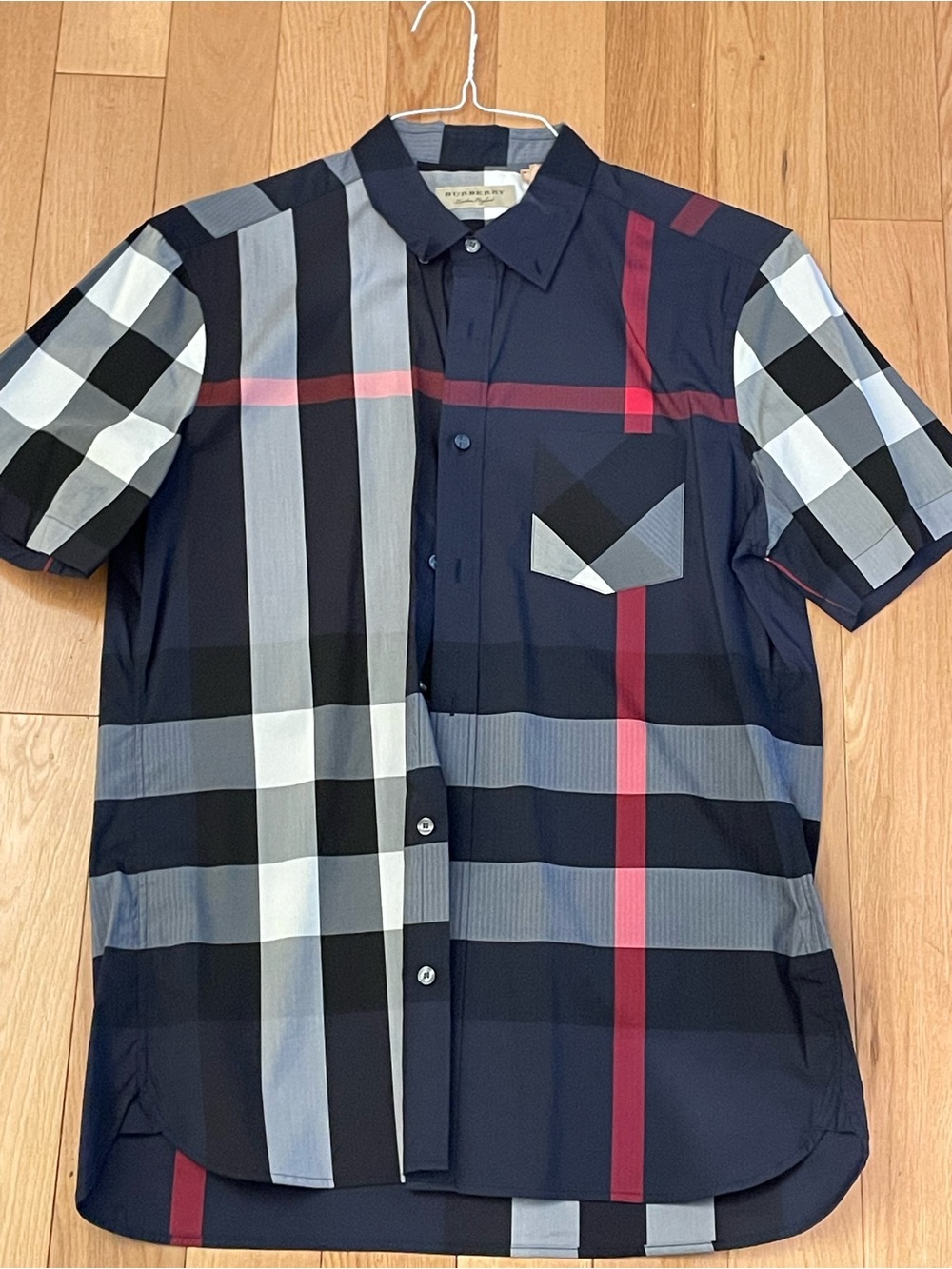 Burberry Navy Blue Plaid Short-Sleeve Button-Down Shirt